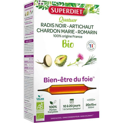 Superdiet -- Quatuor bien être du foie bio (radis noir, artichaut, chardon marie, romarin) - 20 ampoules de 10 ml